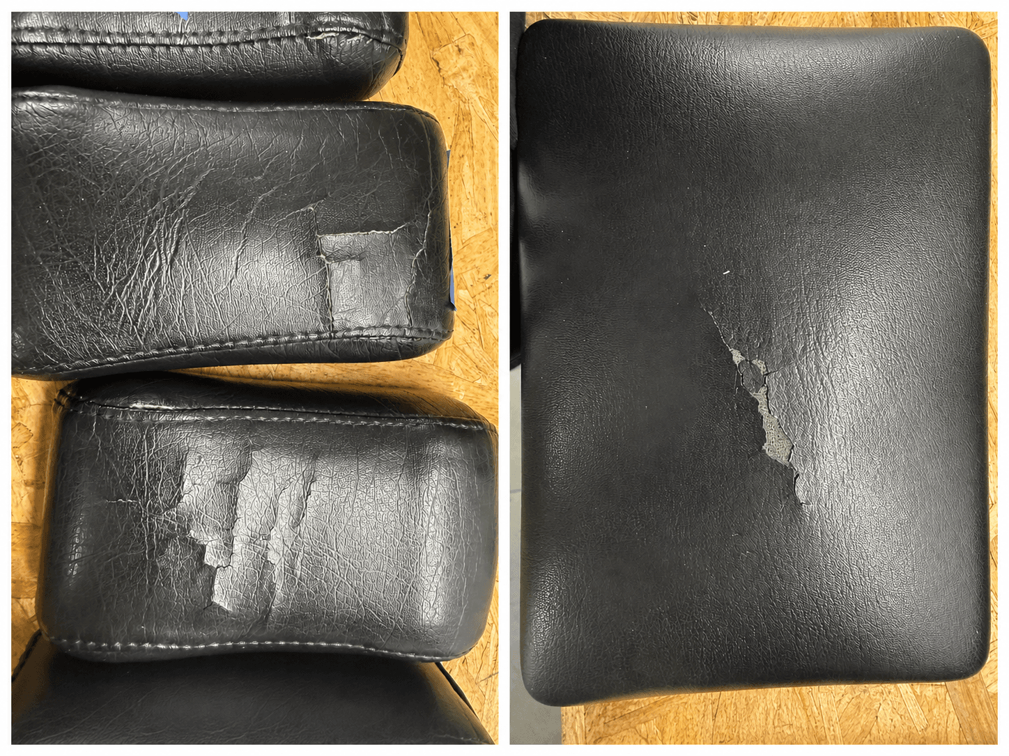 Two views of worn Pilates reformer upholstery before repair
